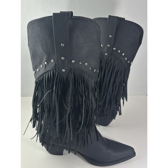 Roper Oakley Studded Pointed Toe Cowboy Black Boots Western Fringe Women's 8 - Picture 2 of 11